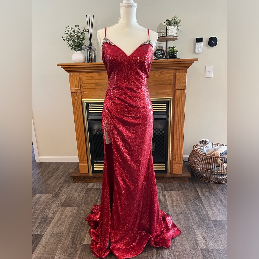 Rachel Allen Red with silver accent prom dress corset back w/ zipper. size 6